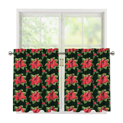 Watercolor Christmas Poinsettia Print Tier Curtains