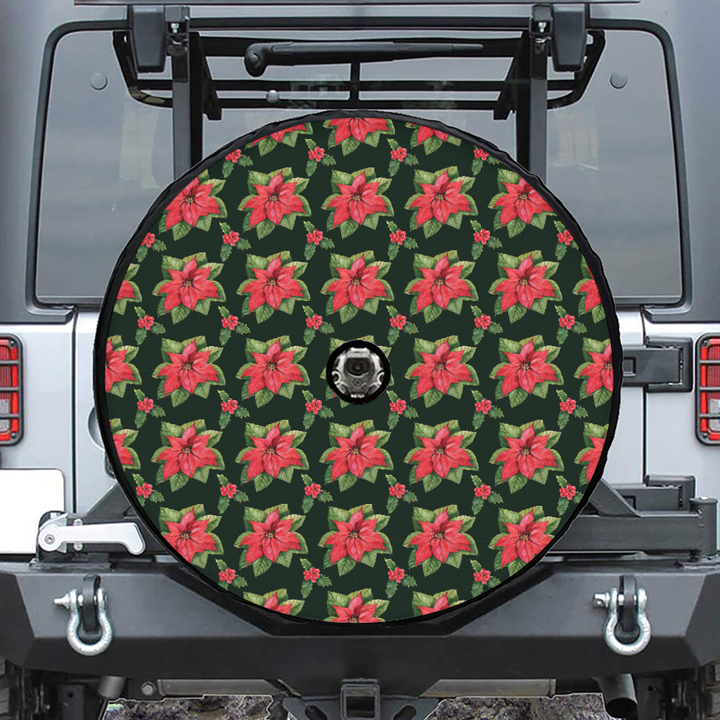 Watercolor Christmas Poinsettia Print Tire Cover With Camera Hole