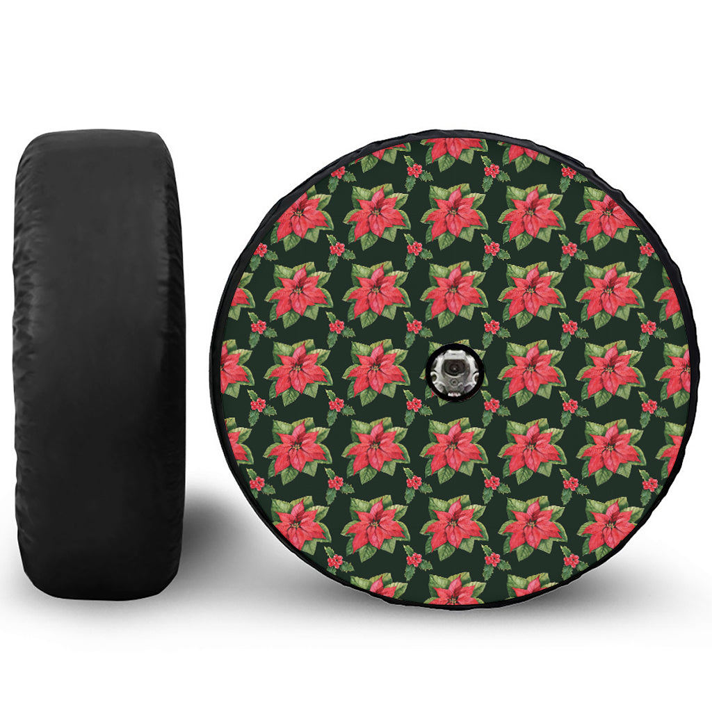 Watercolor Christmas Poinsettia Print Tire Cover With Camera Hole