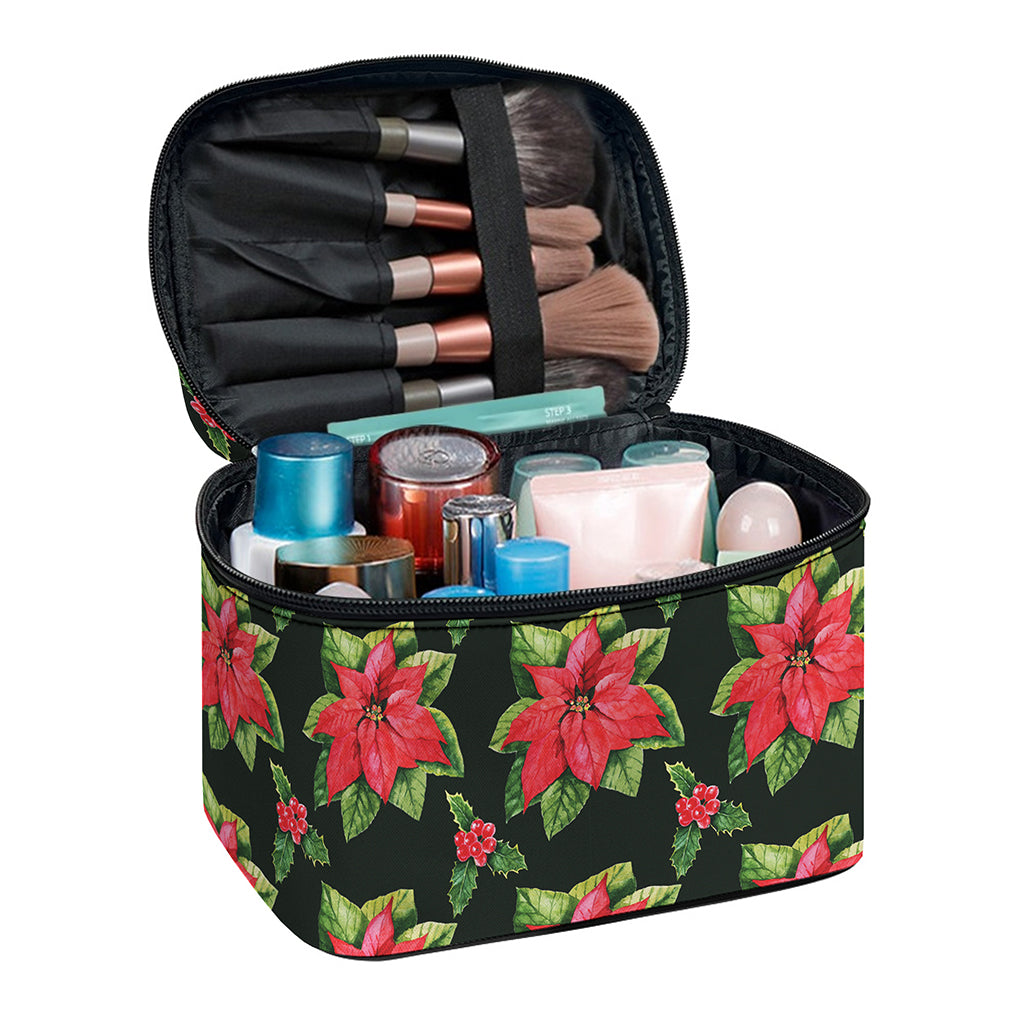 Watercolor Christmas Poinsettia Print Travel Makeup Bag