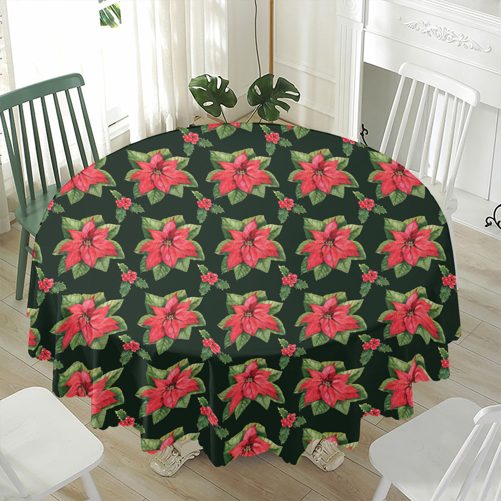Watercolor Christmas Poinsettia Print Waterproof Round Tablecloth