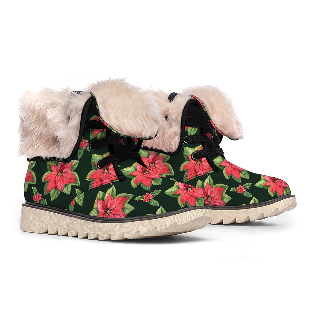 Watercolor Christmas Poinsettia Print Winter Boots