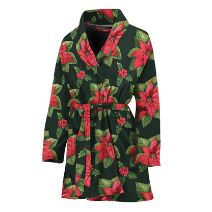 Watercolor Christmas Poinsettia Print Women's Bathrobe