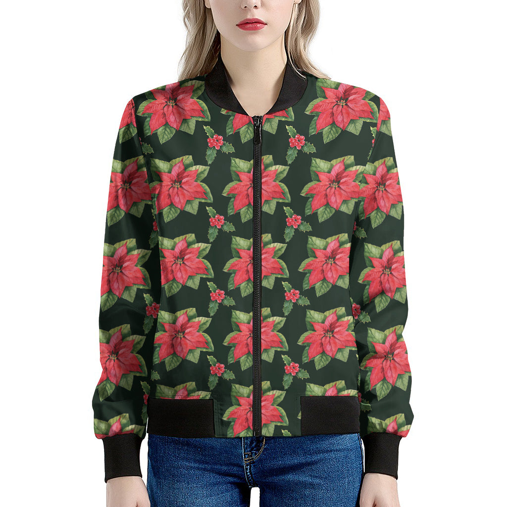 Watercolor Christmas Poinsettia Print Women's Bomber Jacket