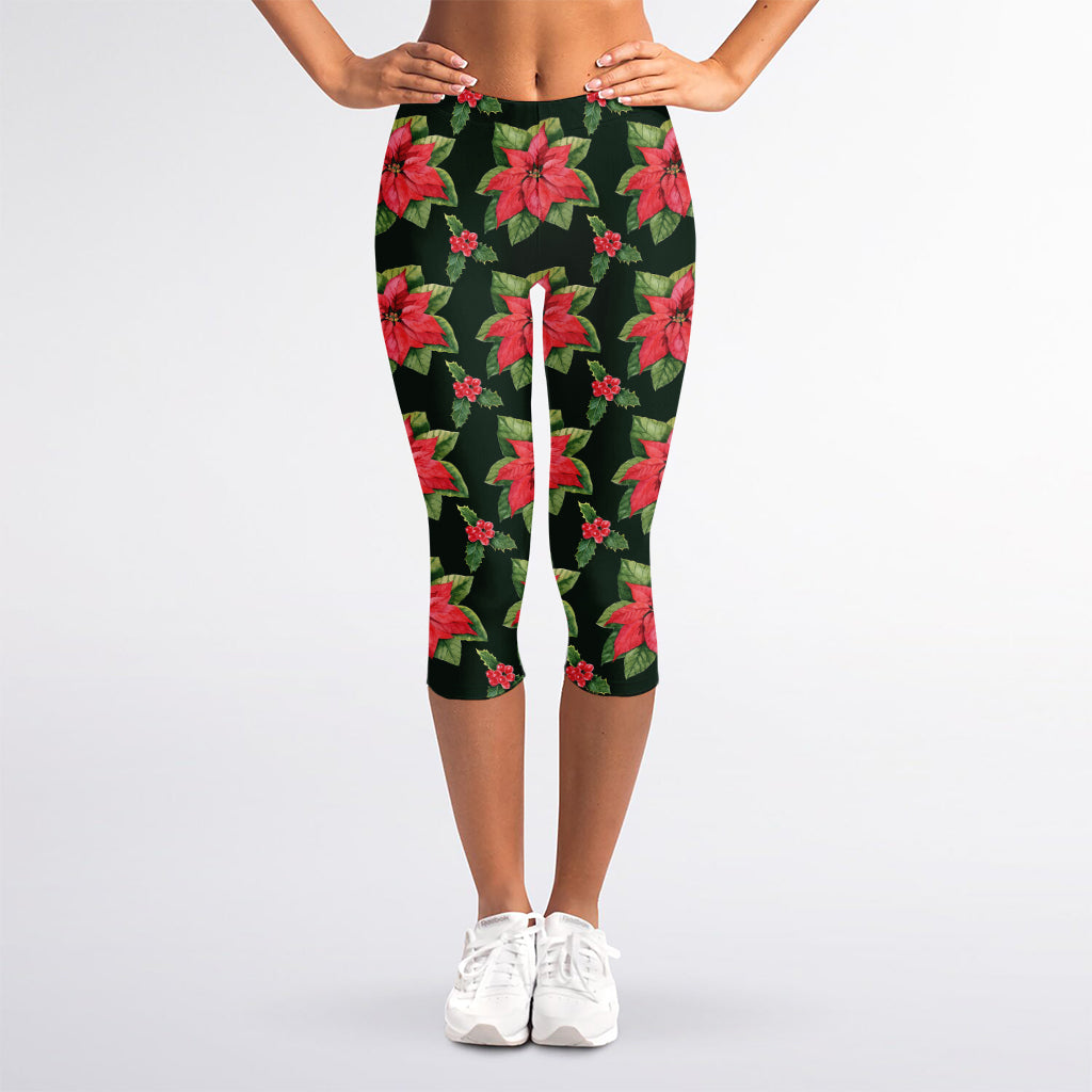 Watercolor Christmas Poinsettia Print Women's Capri Leggings