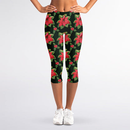 Watercolor Christmas Poinsettia Print Women's Capri Leggings