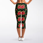 Watercolor Christmas Poinsettia Print Women's Capri Leggings