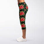 Watercolor Christmas Poinsettia Print Women's Capri Leggings