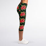 Watercolor Christmas Poinsettia Print Women's Capri Leggings