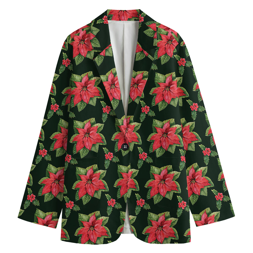 Watercolor Christmas Poinsettia Print Women's Cotton Blazer