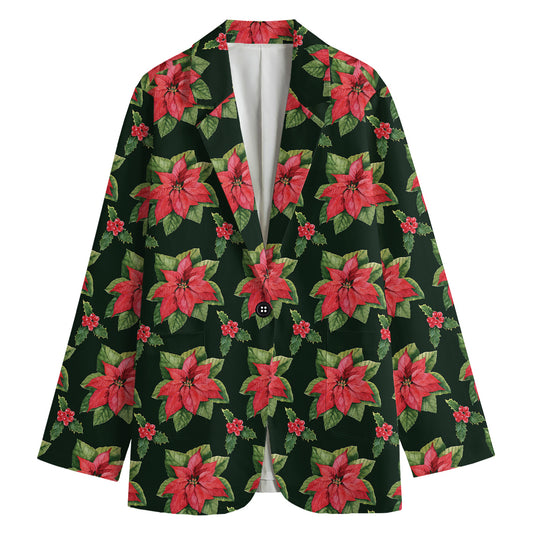 Watercolor Christmas Poinsettia Print Women's Cotton Blazer