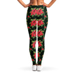 Watercolor Christmas Poinsettia Print Women's Leggings