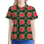 Watercolor Christmas Poinsettia Print Women's Polo Shirt