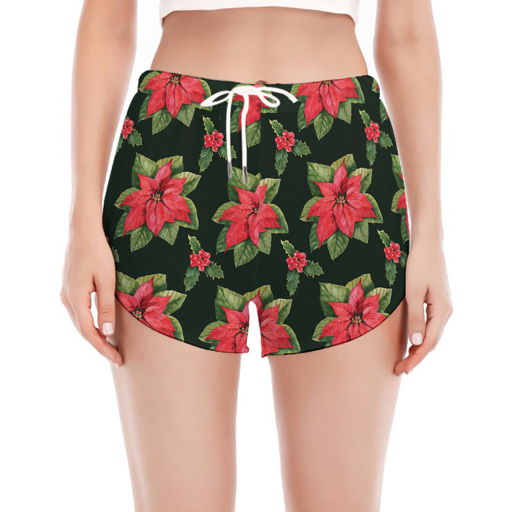 Watercolor Christmas Poinsettia Print Women's Split Running Shorts