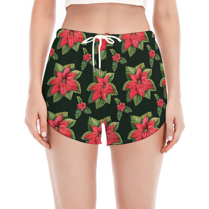 Watercolor Christmas Poinsettia Print Women's Split Running Shorts
