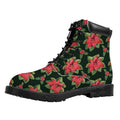 Watercolor Christmas Poinsettia Print Padded Collar Lace Up Boots