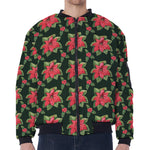 Watercolor Christmas Poinsettia Print Zip Sleeve Bomber Jacket