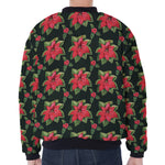 Watercolor Christmas Poinsettia Print Zip Sleeve Bomber Jacket