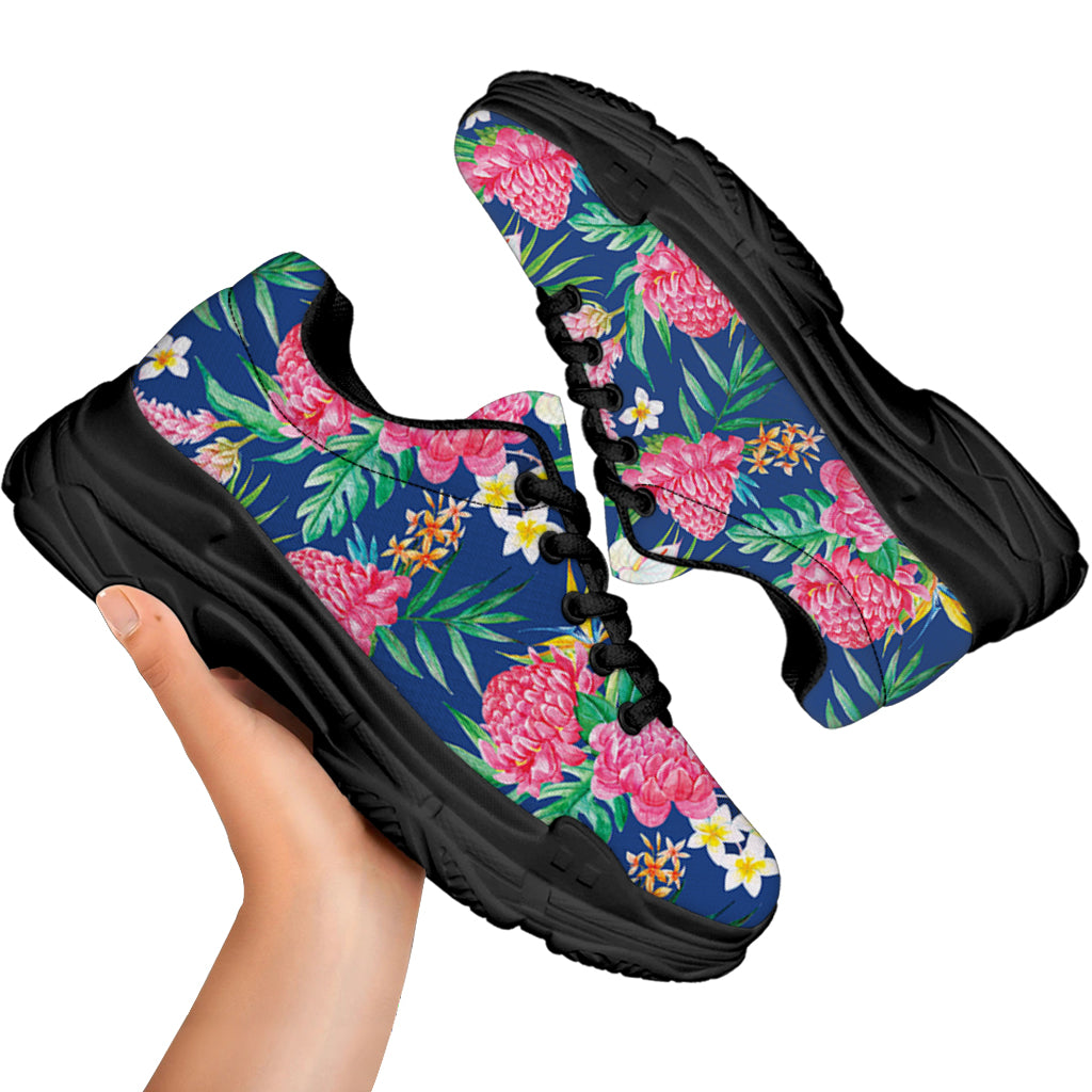 Watercolor Chrysanthemum Pattern Print Black Chunky Shoes