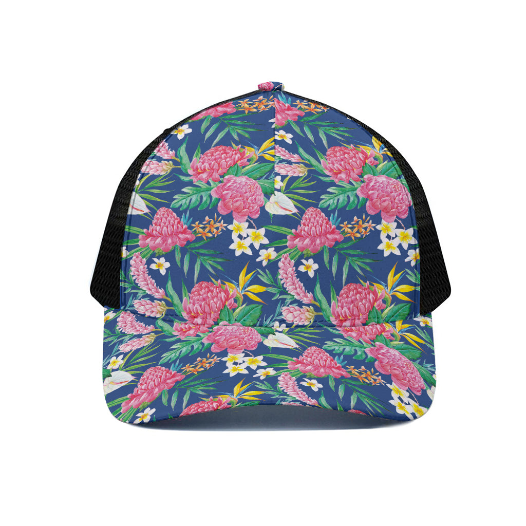 Watercolor Chrysanthemum Pattern Print Black Mesh Trucker Cap