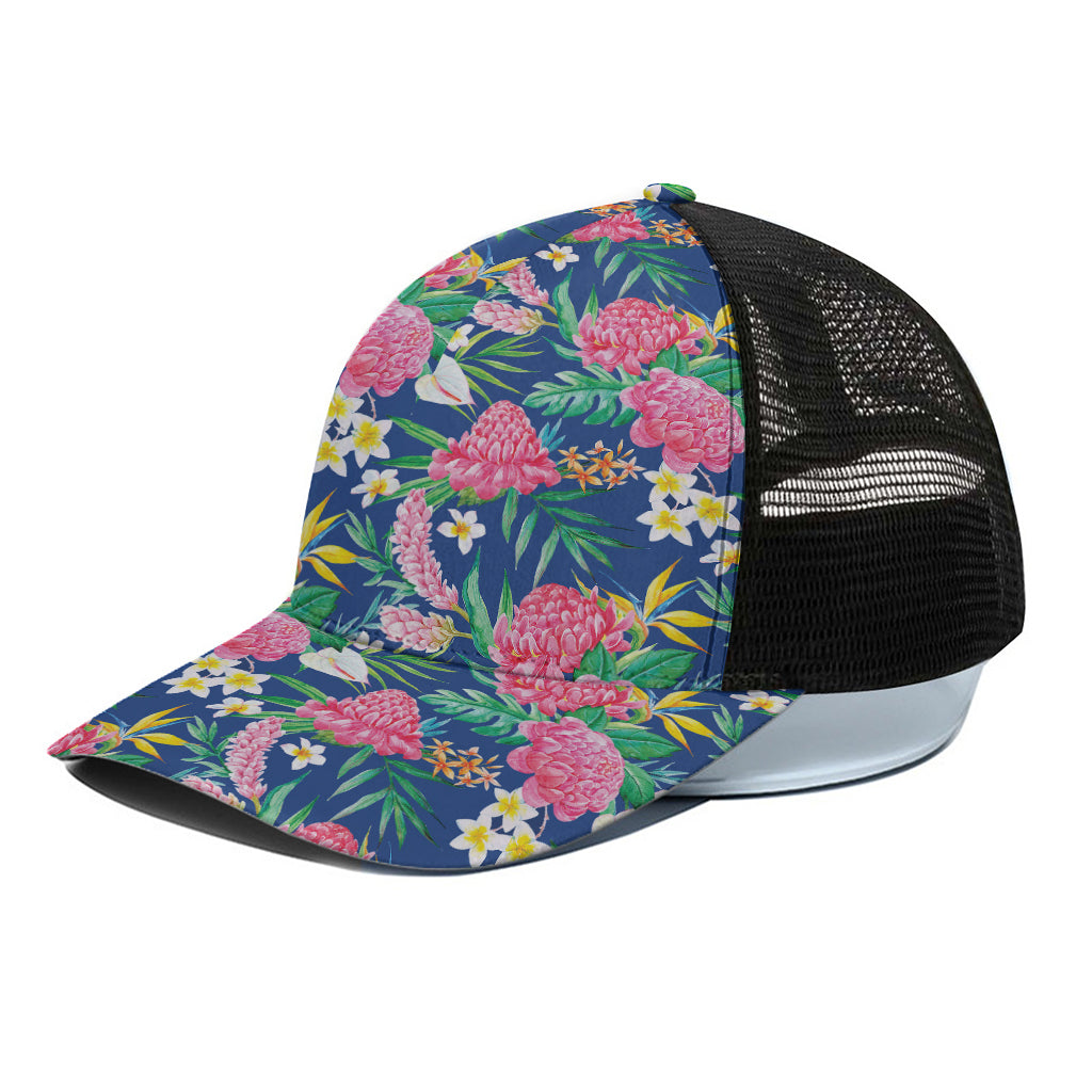 Watercolor Chrysanthemum Pattern Print Black Mesh Trucker Cap