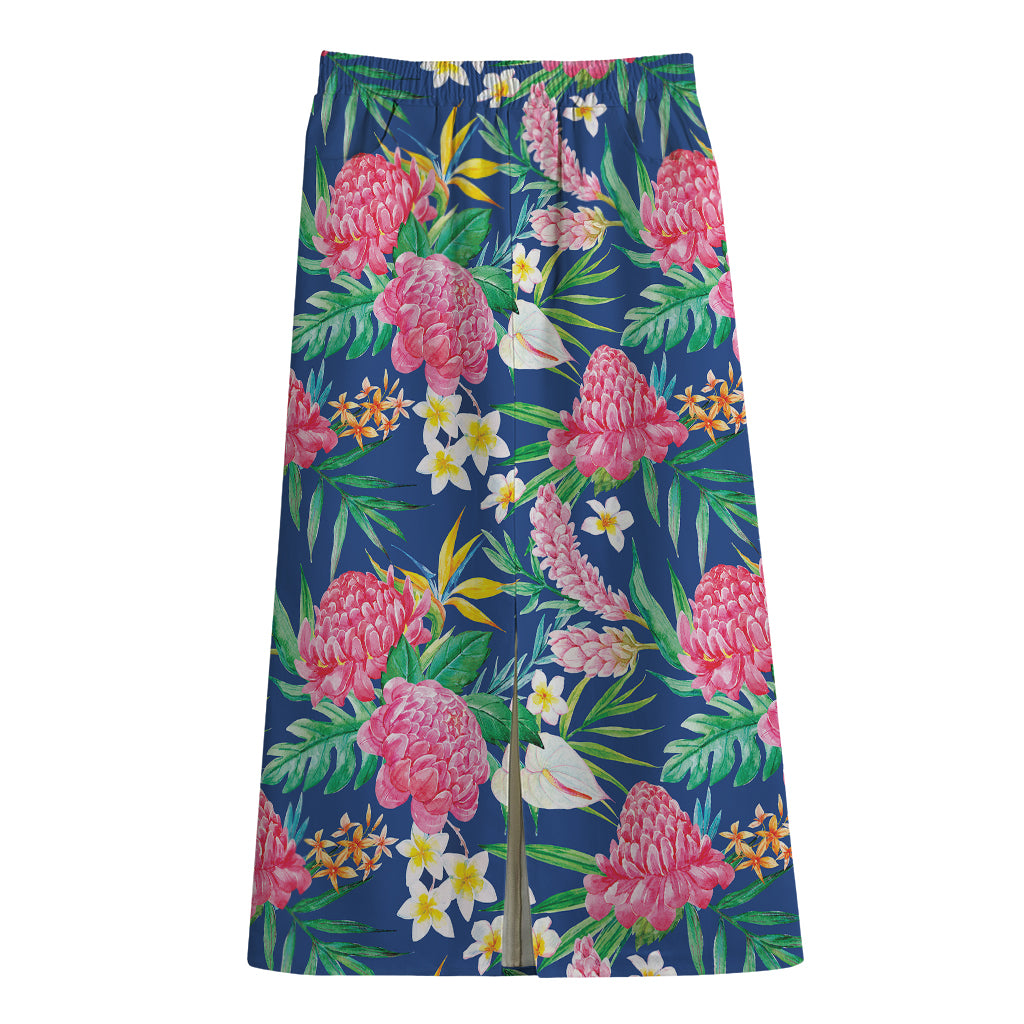 Watercolor Chrysanthemum Pattern Print Cotton Front Slit Maxi Skirt