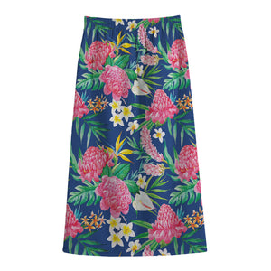 Watercolor Chrysanthemum Pattern Print Cotton Front Slit Maxi Skirt