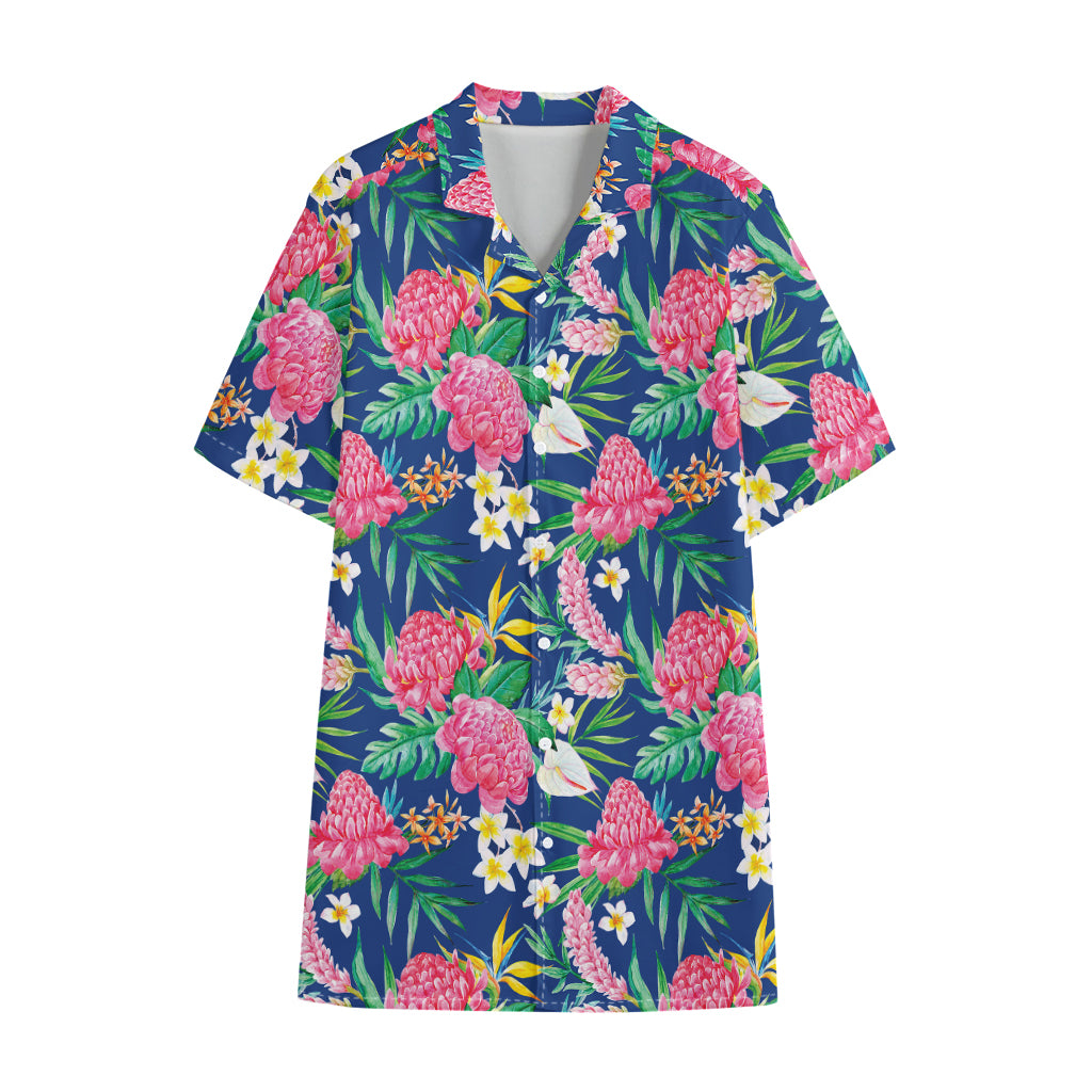 Watercolor Chrysanthemum Pattern Print Cotton Hawaiian Shirt