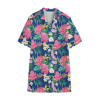 Watercolor Chrysanthemum Pattern Print Cotton Hawaiian Shirt