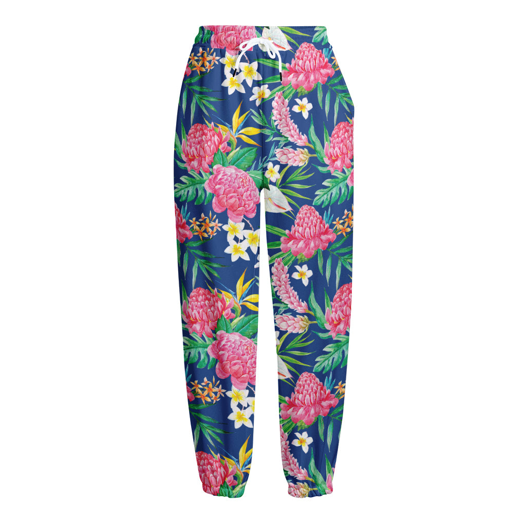 Watercolor Chrysanthemum Pattern Print Fleece Lined Knit Pants