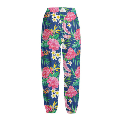 Watercolor Chrysanthemum Pattern Print Fleece Lined Knit Pants