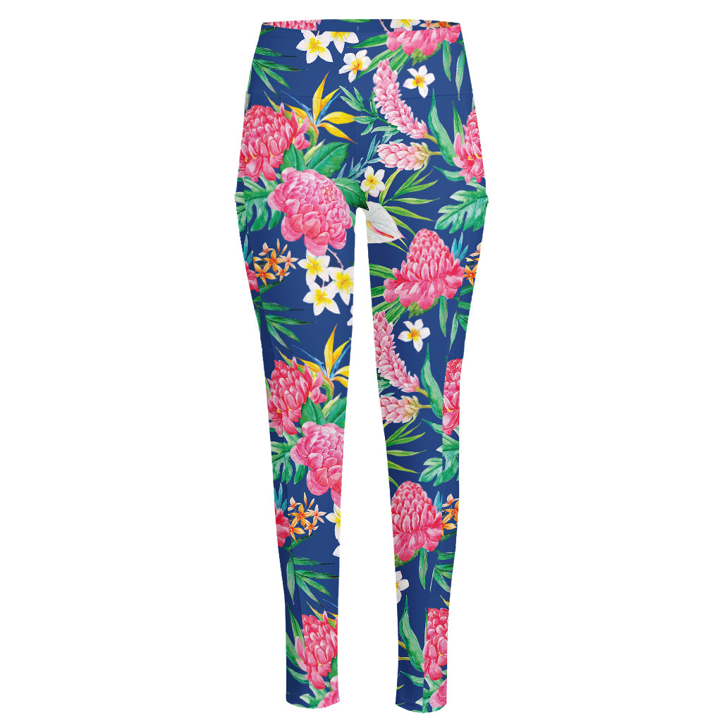 Watercolor Chrysanthemum Pattern Print High-Waisted Pocket Leggings