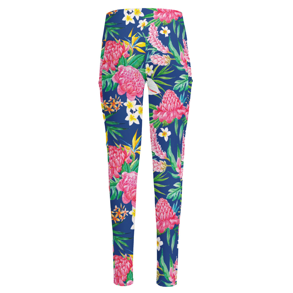 Watercolor Chrysanthemum Pattern Print High-Waisted Pocket Leggings