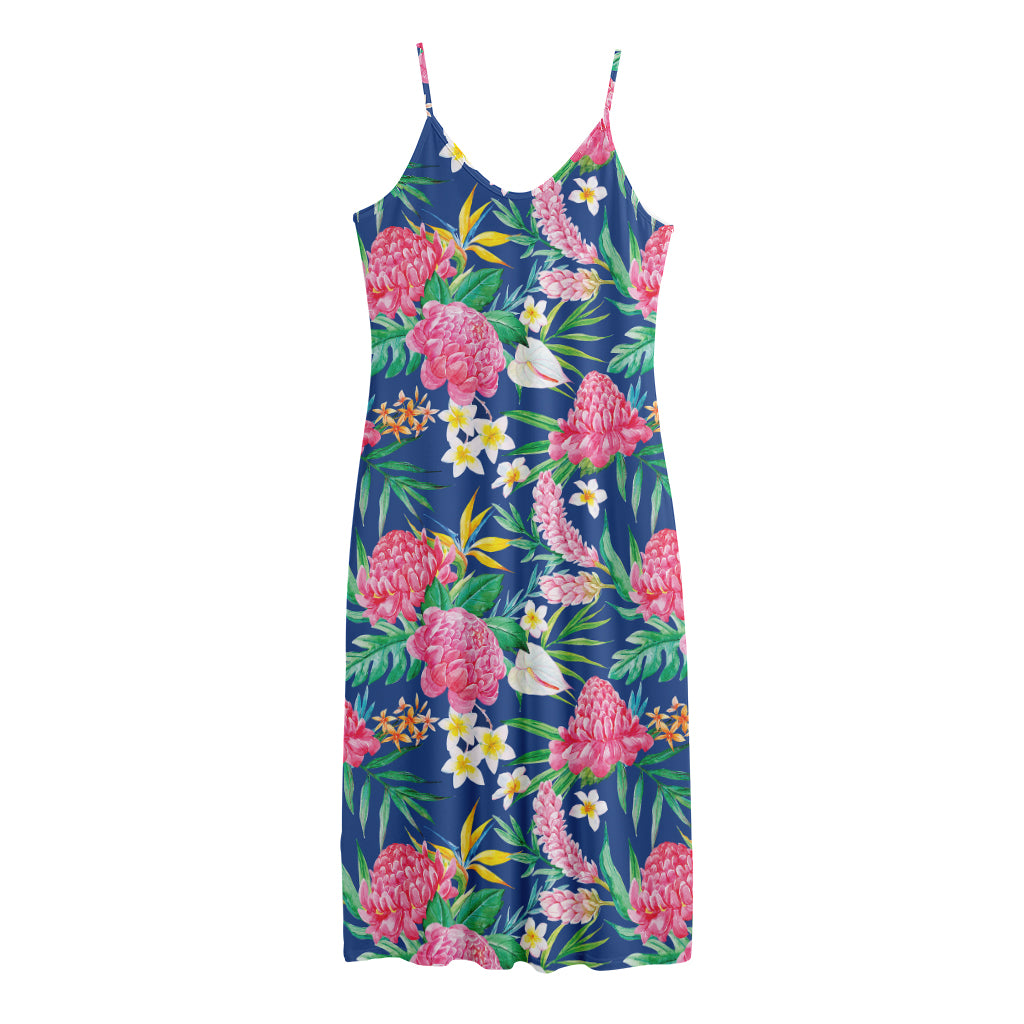 Watercolor Chrysanthemum Pattern Print Jersey Midi Cami Dress