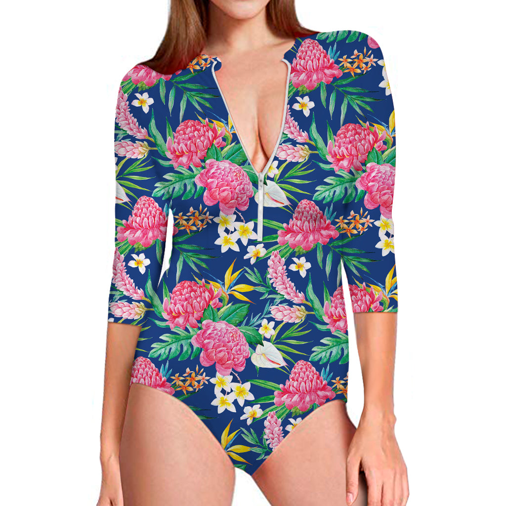 Watercolor Chrysanthemum Pattern Print Long Sleeve Swimsuit