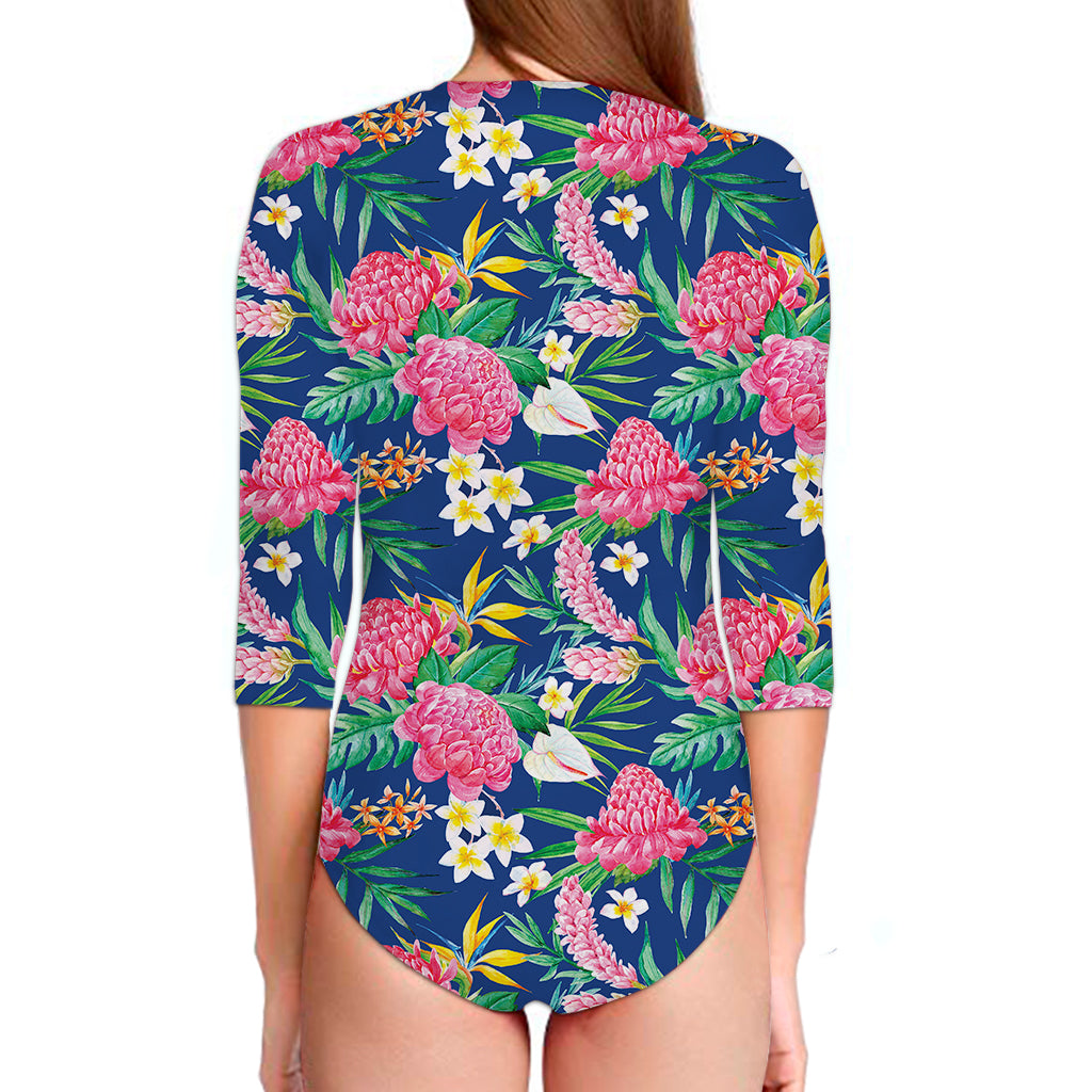 Watercolor Chrysanthemum Pattern Print Long Sleeve Swimsuit