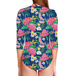 Watercolor Chrysanthemum Pattern Print Long Sleeve Swimsuit