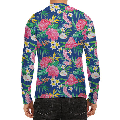 Watercolor Chrysanthemum Pattern Print Men's Long Sleeve Rash Guard