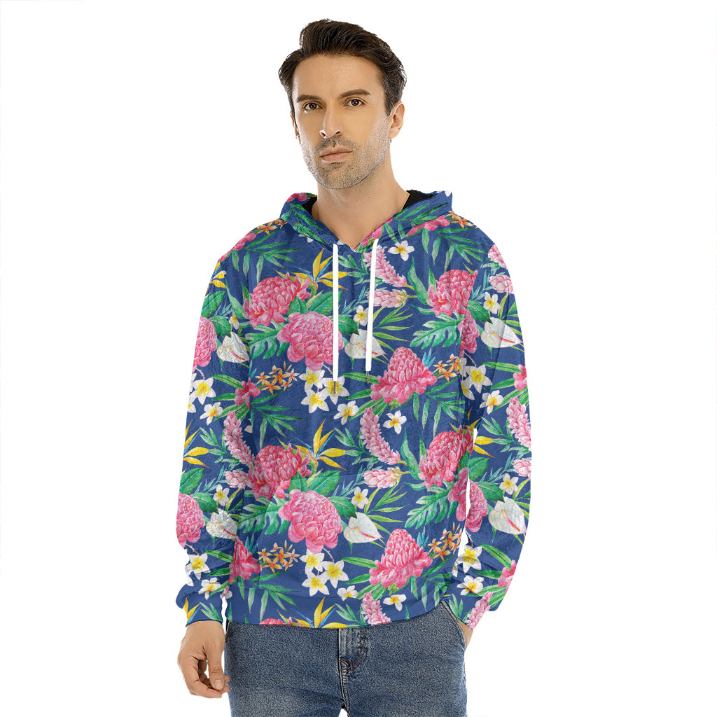 Watercolor Chrysanthemum Pattern Print Men's Velvet Pullover Hoodie