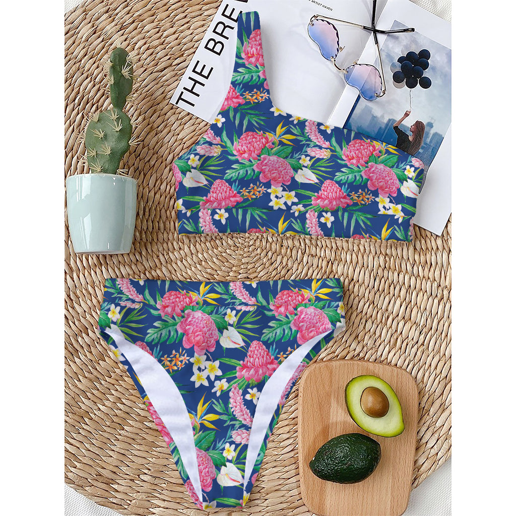 Watercolor Chrysanthemum Pattern Print One Shoulder Bikini Top