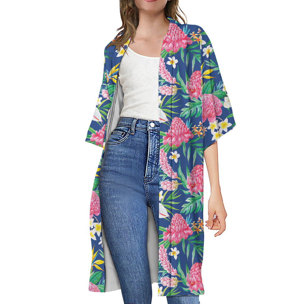 Watercolor Chrysanthemum Pattern Print Open Front Beach Cover Up