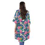 Watercolor Chrysanthemum Pattern Print Open Front Beach Cover Up