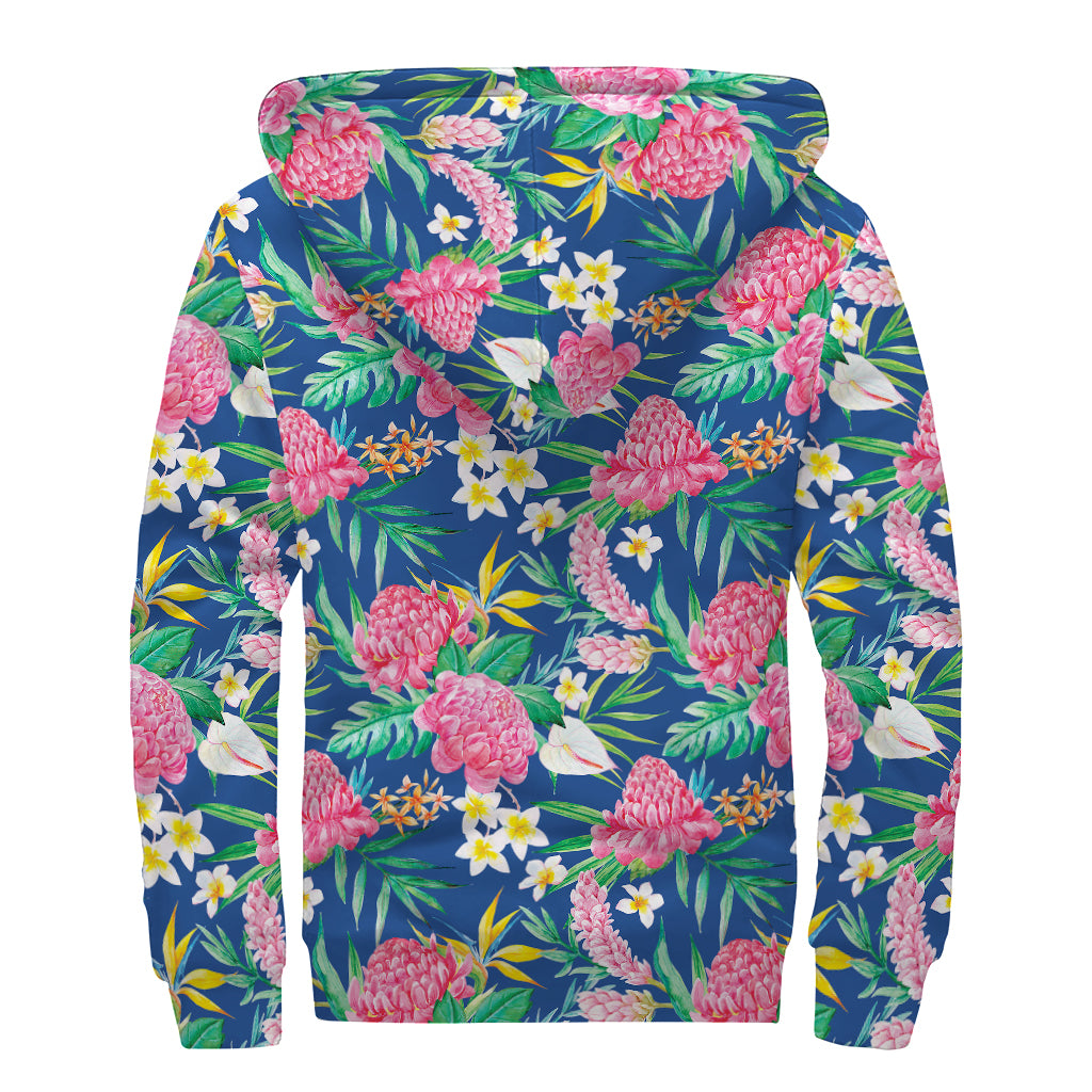 Watercolor Chrysanthemum Pattern Print Sherpa Lined Zip Up Hoodie