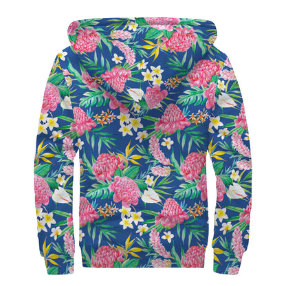 Watercolor Chrysanthemum Pattern Print Sherpa Lined Zip Up Hoodie