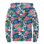 Watercolor Chrysanthemum Pattern Print Sherpa Lined Zip Up Hoodie