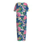 Watercolor Chrysanthemum Pattern Print Short Sleeve Long Nightdress