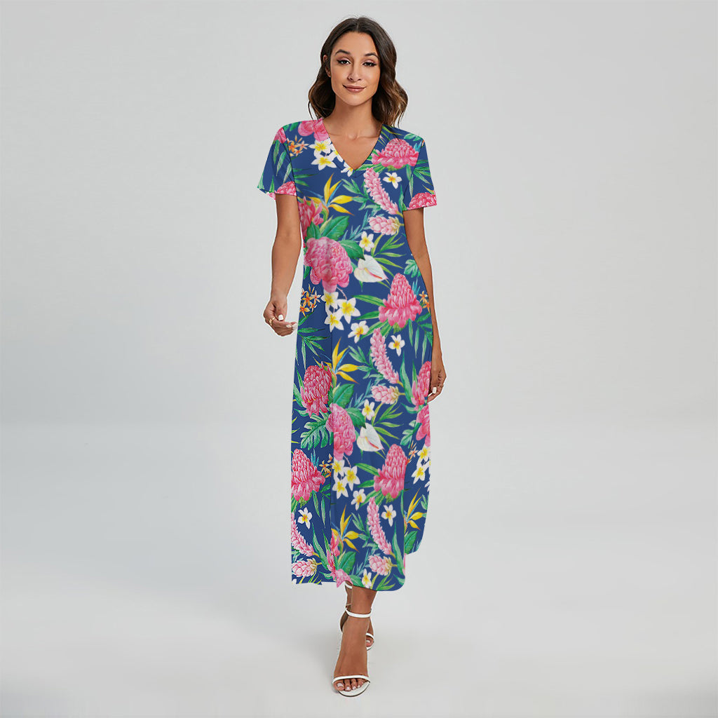 Watercolor Chrysanthemum Pattern Print Short Sleeve Maxi Dress