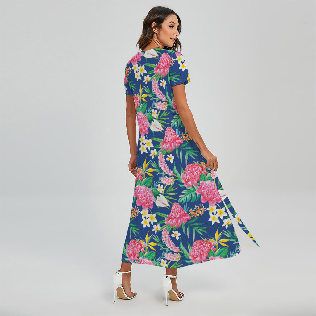 Watercolor Chrysanthemum Pattern Print Short Sleeve Maxi Dress