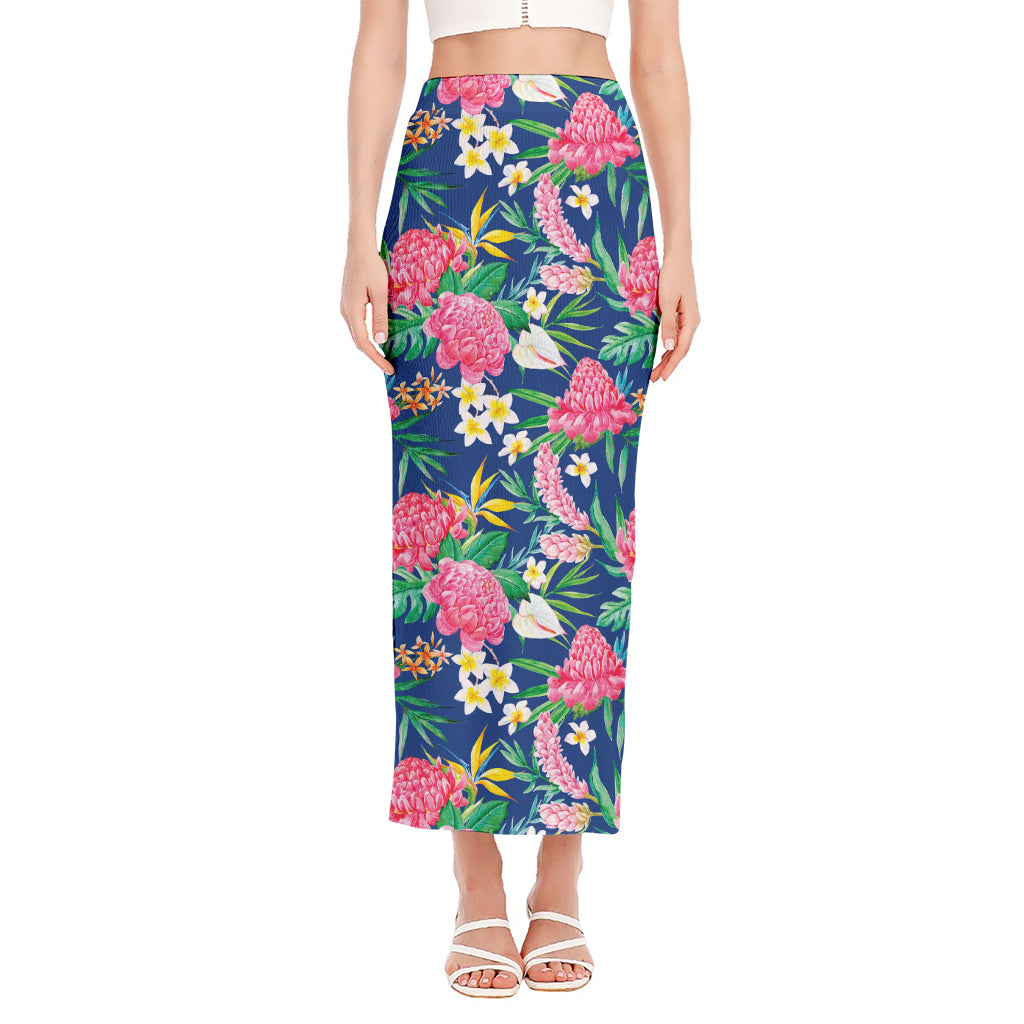 Watercolor Chrysanthemum Pattern Print Side Slit Maxi Skirt