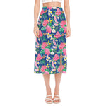 Watercolor Chrysanthemum Pattern Print Side Slit Midi Skirt